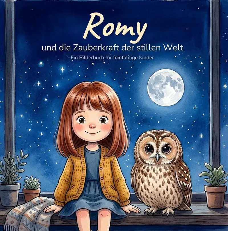Buchcover: Romy und die Zauberkraft der stillen Welt. Romy sitzt mit der Eule Esme am Fenster vor dem Nachthimmel