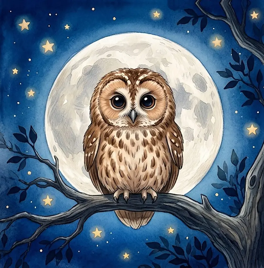Die Eule Esme sitzt auf einem Ast vor dem Vollmond, gemalt in Aquarell