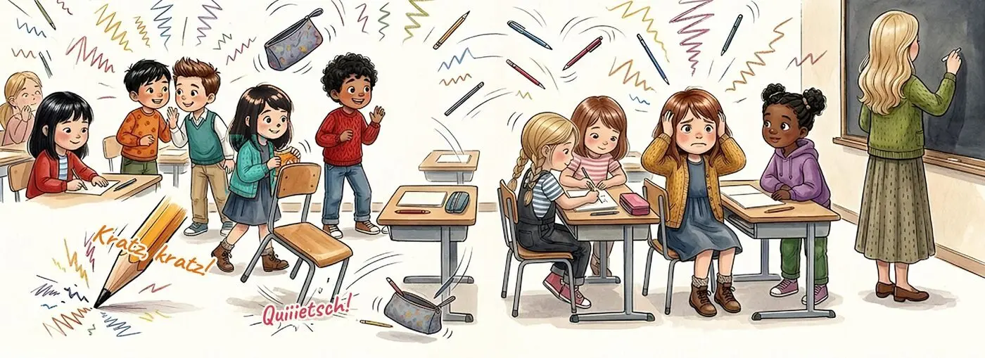 Laute Schulklasse: Stifte kratzen, Stühle quietschen, Romy hält sich die Ohren zu